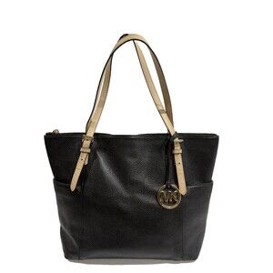 Michael Kors Black Beige  Leather Tote Bag Logo Charm Zip Accents Shoulder Strap
